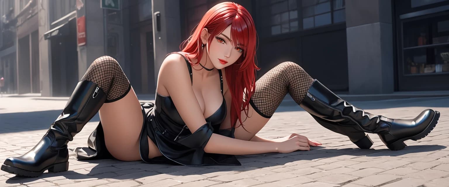 A human girl, very beautiful, full-length appearance, lying on the ground, emerald-colored eyes, sly gaze, bright scarlet lips with a natural shine, domineering gaze, straight fiery scarlet hair in full length to the pelvic area, the girl is dressed in a bright red short dress covering the pelvic area, black boots below the knees of a girl, a black short jacket with open breasts, breasts protruding from the jacket, perfectly fitting breasts of size 5, ultra-realistic velvety skin texture, realistic details of the female biological body, realistically highlighted biological details of the female body, genuine leather with a natural shine and shade of human skin, perfect physique, narrow hips, legs, waist, arms in a loose position, two legs standing on one leg, full height, black boots, black fishnet stockings, create an urban backdrop, lying on the ground
