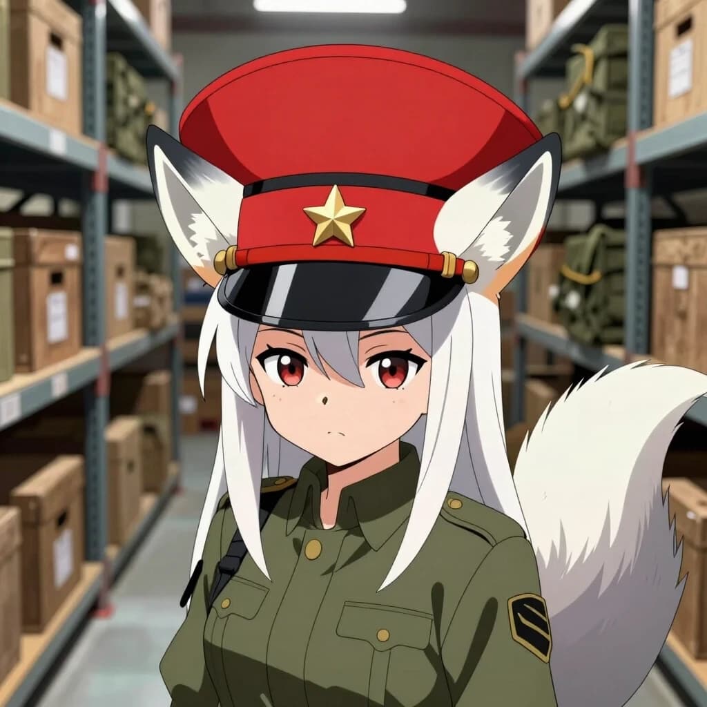 (A wide angle medium shot:1.2) of a beautiful Kumiho anme-girl wearing a huge rigid ((military officer peaked hat with a perfect flat wide circular top, stiff red band, black shiny plastic visor, and a small golden star pin in the front center:1.5)). Her furry white and silver fox ears pierce through the sides of the wide hat brim. She has long white hair. Behind her is one single large fluffy white and platinum-grey fox tail. She wears a plain olive-drab uniform jacket with shoulder straps. Background is a highly detailed, cluttered military supply warehouse with rows of wooden crates and shelves, sharp focus.