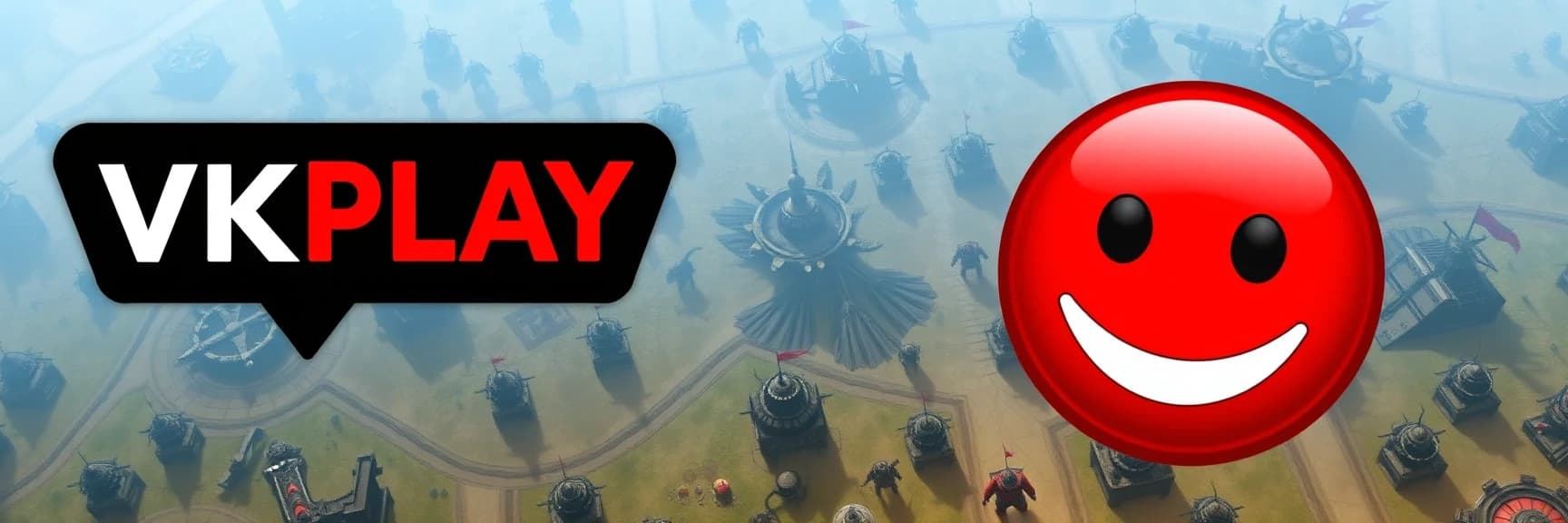 создай изображение, слева логотип VKPLAY справа изображение смайлик Red-John-Smiley-Face из сериала менталист на фоне с градиентным  переходом светлых оттенков синего