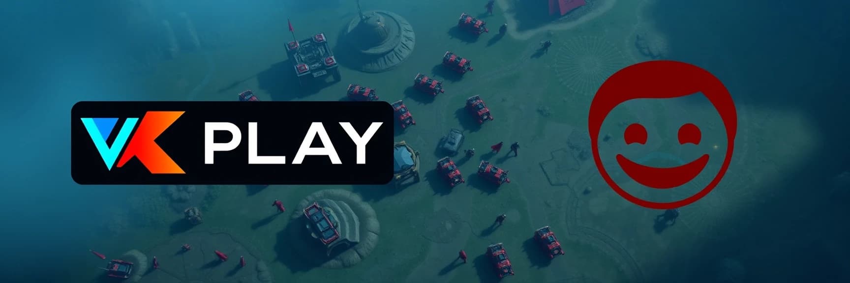 создай изображение, слева логотип VKPLAY справа изображение смайлик Red-John-Smiley-Face из сериала менталист на фоне с градиентным  переходом светлых оттенков синего
