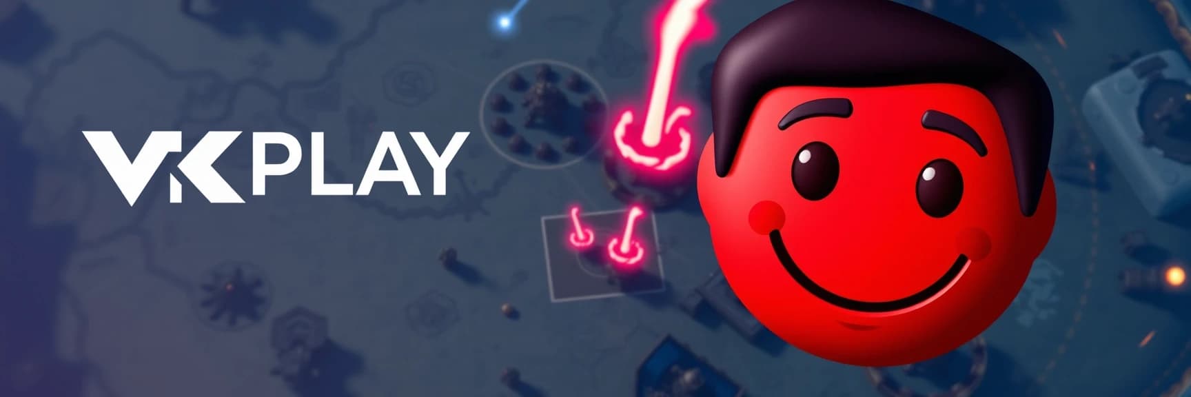 создай изображение, слева логотип VKPLAY справа изображение смайлик Red-John-Smiley-Face из сериала менталист на фоне с градиентным  переходом светлых оттенков синего