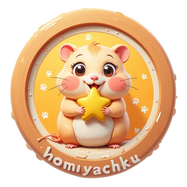 A round logo design for a children's team called "Hamsters" (Khomyachki). A cute, chubby cartoon hamster with big shiny eyes and rosy cheeks is holding a small yellow star. The hamster is surrounded by a thick circular frame with tiny paw prints inside the border. The background is a soft gradient of orange and yellow. The text "Хомячки" is written at the bottom of the circle in a playful, rounded childlike font. Style: Pixar-style 3D render, claymation, bright studio lighting, white background, high detail, 8k resolution.