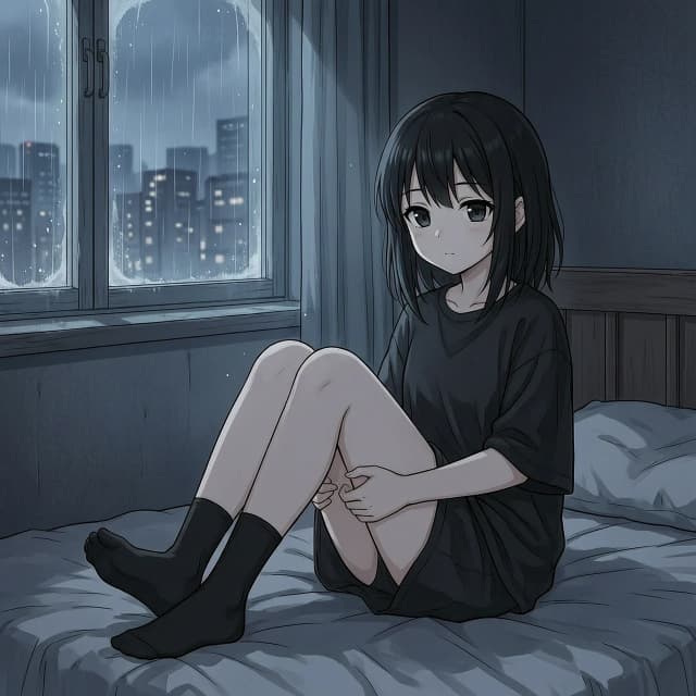 Typhon (Arknights enfield) темная комната с окном. милая anime moe девушка. черные волосы средней длины. черные глаза. черные ресницы. черная длинная футболка черные чулки носки. низкорослая с плоской фигурой.
