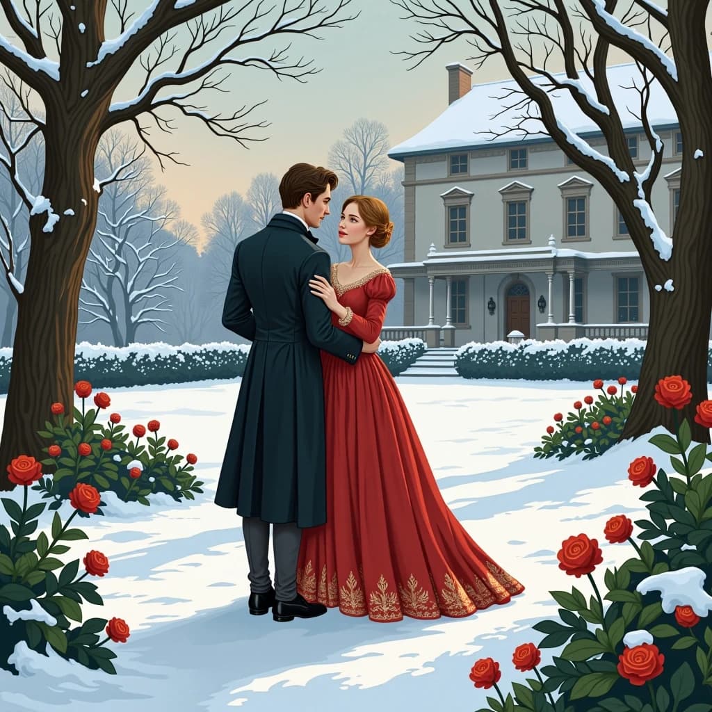 Иллюстрация к произведению А.С.Пушкина "Евгений Онегин": Онегин и Татьяна в зимнем саду, романтическая атмосфера, снег, старый особняк, классический стиль, высокая детализация, мультяшный стиль, 8k