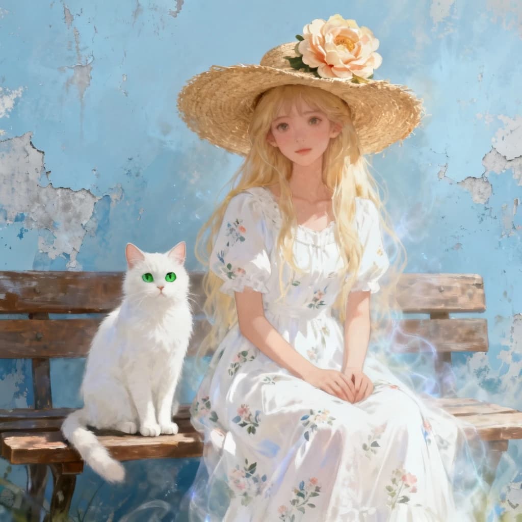 The image is a digital art piece that features a young woman with long blonde hair and a large straw hat with a large flower on top. She is wearing a white dress with a floral pattern and is sitting on a wooden bench. Next to her, there is a white cat with green eyes sitting on the bench. The background is a light blue color with a grungy texture. The overall mood of the image is dreamy and ethereal.