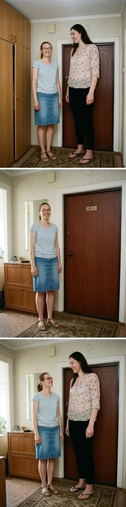 Two friends are standing by the door in a regular apartment in Moscow. They are both very tall, which is the main point of the picture.

On the left is Oksana, who is 32 years old and 190 centimeters tall. She is standing in a relaxed pose with a slight smile, capturing the moment. She is wearing a light top, a denim skirt, open-toed shoes, and glasses. She is looking directly at the camera with a surprised and admiring expression. She feels her height in a new way.

On the right is Irina, who is 225 centimeters tall. Her height is very noticeable. She is taller than the door and almost touches the top of the picture frame. She is wearing a light blouse, leggings, and flip-flops.

The apartment is typical for Moscow. There is a closet next to the door and a carpet with a simple pattern on the floor. The picture is taken during the day, so it is well lit.

The main thing is to show how much taller Irina is than Oksana. Irina is 35 centimeters taller than Oksana, and this is not a trick. The picture clearly shows the difference in their height.