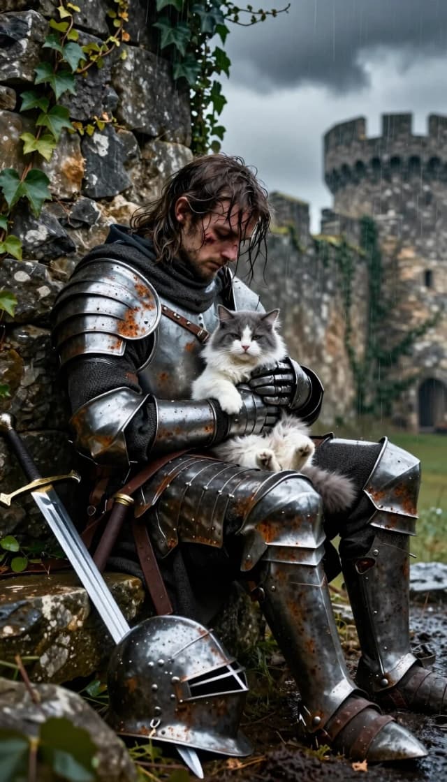 A weary exhausted medieval knight in heavily battered, dented and rusted plate armor sitting slumped against a crumbling ruined stone fortress wall overgrown with ivy. He gently holds a soft fluffy gray-and-white cat in his armored hands, looking down at it with a tired, melancholic but tender expression. His long dirty hair is wet and messy, face has dirt and a small cut. A long steel sword and a dented metal helmet lie discarded on the muddy rocky ground beside him. Dark overcast dramatic sky, rainy atmosphere, soft diffused lighting, highly detailed realistic fantasy art, emotional and cinematic composition, photorealistic textures on armor and stone, shallow depth of field