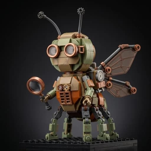 A never-before-seen original LEGO creation: [Maya the Bee].
Designed as a unique custom minifigure or brick-built character NOT found in any official LEGO set, catalog, or fan database.
Completely original color scheme: no primary colors, only an unconventional palette with muted tones, metallic accents, and unexpected color combinations.
Unusual symmetrical design.
Hybrid aesthetics, unrelated themes combined into a single, cohesive character.
Meticulous detailing: custom accessories never seen in official sets, unique surface textures, distressed plastic finish with subtle scratches, scuffs, and authentic wear marks indicating real-world use.

Cinematic studio lighting, macro photography, shallow depth of field, ultra-realistic plastic material with visible injection-molded seams and authentic LEGO clutch mechanism details, 8K resolution, isolated on a solid gradient background.
No logos, no existing IP characters, no recognizable franchises, no copies of any existing sets, no references to official LEGO themes.