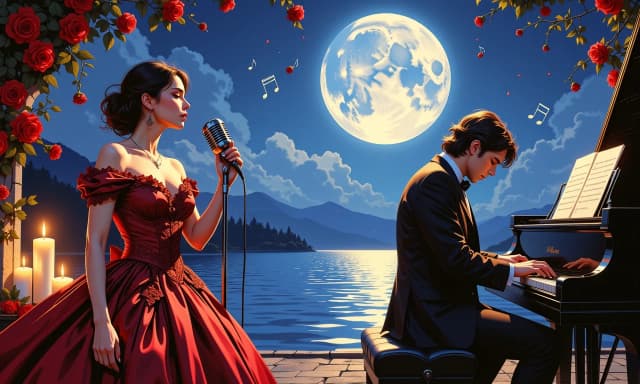 A masterpiece,  in the style of the 1980s, with bold lines, dynamic strokes and rich textures, on background with a touch of nostalgia, perhaps with subtle drawings inspired by cellulose and vintage, worn textures similar to paper,oil painting, Panoramic cinematic concert-poster scene: a sultry female vocalist in an ornate deep crimson gown adorned with roses stands left foreground at a vintage metallic microphone, eyes closed, emotive pose; a male pianist in a dark suit sits at a glossy black grand piano right foreground, hands poised over keys, reflective water and moonlight behind him. Enormous luminous full moon low on the horizon casts cool blue-violet light across a tranquil lake with golden reflections. Warm candlelight, scattered red roses, and floating glowing musical notes create a romantic, mystical atmosphere. Rich palette of deep blues, purples, crimsons and antique gold. Elegant embossed serif title centered in large gold type with subtle filigree ornamentation and small subtitle beneath. Soft volumetric fog, subtle bokeh, gentle lens flare, high-detail textures on fabric, skin, piano lacquer and water, painterly fantasy meets photorealism, dramatic rim lighting, shallow depth of field, cinematic wide aspect ratio, ultra-detailed, high-resolution poster quality.