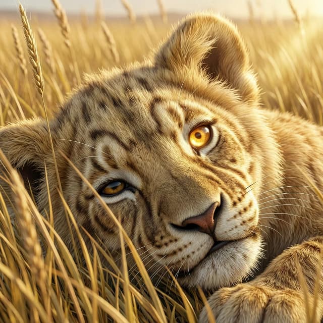 Extreme close-up of a cute fluffy lion cub named Lyova sleeping in tall golden savanna grass. One eye is slightly cracking open, showing a bright amber iris with a contracting pupil as a sharp ray of morning sunlight hits it. Detailed fur texture, soft morning lighting, blades of grass surrounding the face, 3D render style, cinematic lighting, 8k, masterpiece, vibrant colors.