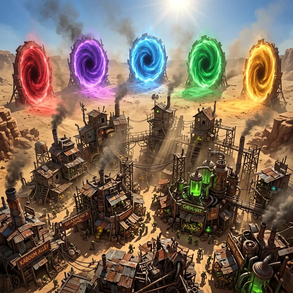 A sprawling, chaotic goblin settlement inspired by Gadgetzan from World of Warcraft, characterized by makeshift scrap-metal architecture, rickety wooden scaffolding, and cluttered steampunk structures built from salvaged junk. The town is a dense labyrinth of smoking chimneys, glowing green chemical vats, and cluttered marketplaces filled with mechanical contraptions. Surrounding the settlement in a wide circle are five massive, swirling magical portals, each emitting a distinct, vibrant color: crimson red, deep violet, electric blue, emerald green, and bright amber, casting intense colored glows onto the desert sands. The scene is set during a bright, high-noon desert sun, but the atmosphere is heavy with tension and an impending sense of doom. Dramatic lighting with sharp, high-contrast shadows and volumetric light rays piercing through the dust and smoke. Cinematic composition, wide-angle shot capturing the scale of the town and the surrounding portals. High-detail digital art style, reminiscent of epic fantasy concept art, with rich textures of rusted metal, weathered wood, and shimmering magical energy.