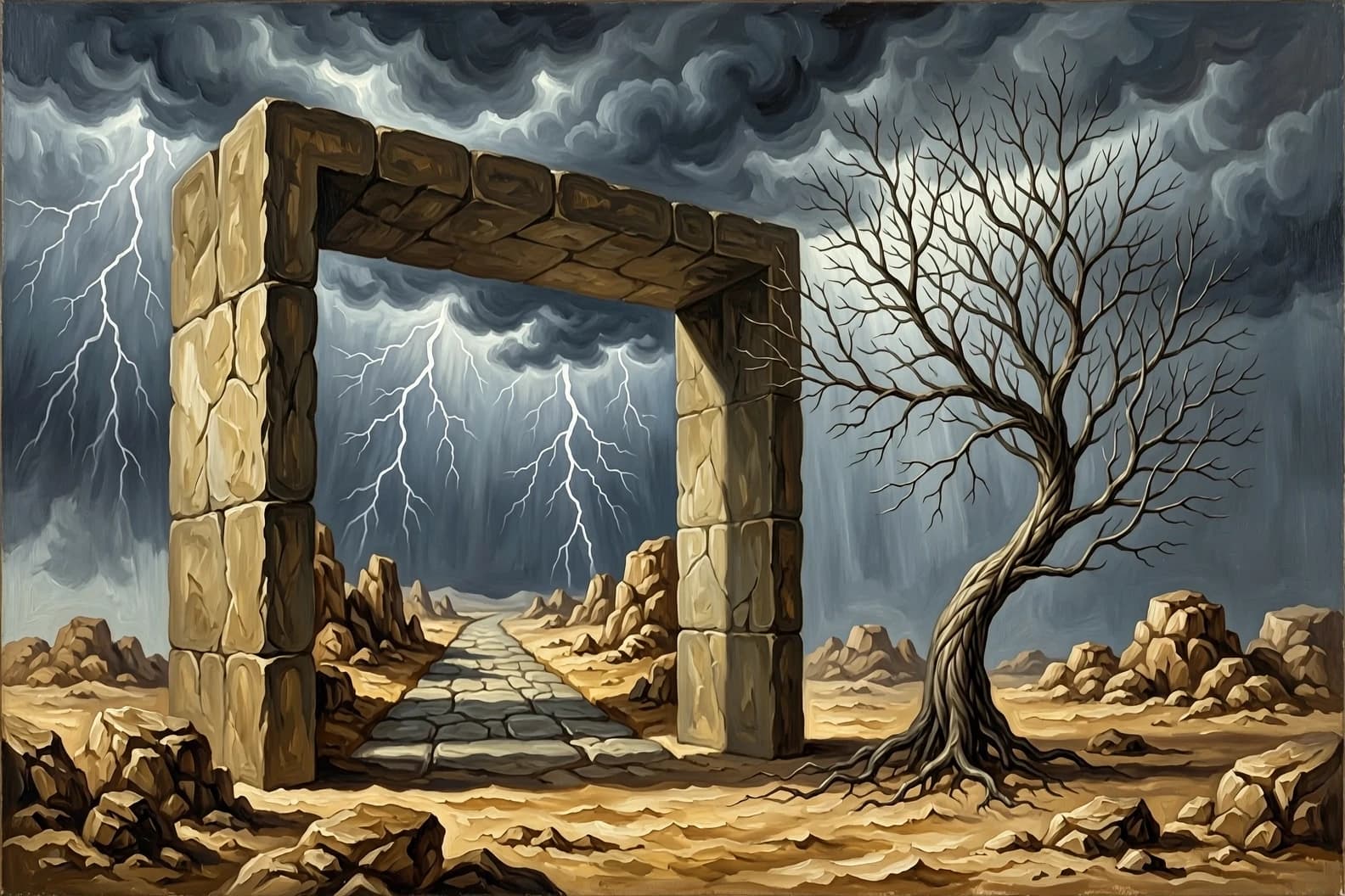 A thought-provoking modern surrealism oil painting. A massive 3D rectangular stone block stands on an ancient, barren desert floor surrounded by low rocky formations. The front of the block is a mesmerizing illusionary gateway showing a stone pathway running under an overwhelming, dark sky filled with dense volumetric storm clouds and electric lightning bolts. A giant, beautifully detailed leafless winter tree with sharp, fine twigs intricately twists like a spiral on the right. The landscape inside and outside the portal merges seamlessly at the base. Deep philosophical atmosphere, rich textures of an old oil canvas with visible fine brushstrokes, sharp focus, high-contrast chiaroscuro lighting, cinematic composition.