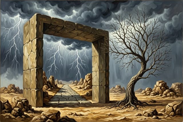 A thought-provoking modern surrealism oil painting. A massive 3D rectangular stone block stands on an ancient, barren desert floor surrounded by low rocky formations. The front of the block is a mesmerizing illusionary gateway showing a stone pathway running under an overwhelming, dark sky filled with dense volumetric storm clouds and electric lightning bolts. A giant, beautifully detailed leafless winter tree with sharp, fine twigs intricately twists like a spiral on the right. The landscape inside and outside the portal merges seamlessly at the base. Deep philosophical atmosphere, rich textures of an old oil canvas with visible fine brushstrokes, sharp focus, high-contrast chiaroscuro lighting, cinematic composition.
