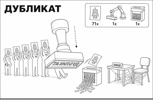 Parody of a furniture instruction page in the recognizable style of IKEA manuals, meme poster format with one large scene: black and white drawing with a confident thin black line on a white sheet of paper, no color, no fills, no shadows. TOP LEFT: huge bold black word DUPLICATE in a chopped geometric font, no quotes or surrounding symbols. TOP RIGHT: parts panel - rounded rectangle, inside icons in a row with quantity under each: sheet of paper with a sad robot drawn on it - 71x, mechanical stamp on a hinged arm - 1x, office paper shredder - 1x. CENTER AND BOTTOM OF THE SHEET - one large scene: a giant office stamp the size of a third of the sheet descends from above onto a long queue of small people; the word DUPLICATE is mirror-engraved on the flat sole of the stamp, a dotted arrow shows the stamp's downward movement; each person in the queue holds an identical sheet of paper with a sad robot drawn on it above their head; the first person is already pressed by the stamp, only their legs stick out from under the stamp, and their stamped sheet flies towards the office shredder, from which thin strips of paper pour out; the queue of six people with simple, alarmed faces goes off the edge of the sheet, the last in line calmly drinks coffee. TO THE RIGHT OF THE SCENE: an empty workspace of a living employee - a small table with a chair, a sign on the table reads LUNCH, a spider web is stretched between the table and the chair, a thick layer of dust is on the chair. Characters with simple faces and emotions, as in classic meme instructions. Text on the image - only: DUPLICATE (title), DUPLICATE (mirrored on the stamp), LUNCH, 71x, 1x, 1x. No other inscriptions or logos. Black humor through serious technical presentation.