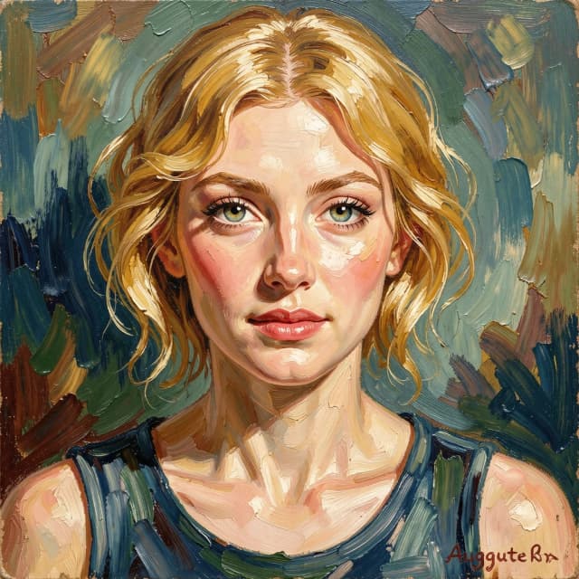 A true masterpiece of impasto graphic style. ((Image of a very beautiful blonde girl.)). Close-up. High resolution. High quality. Increased attention to small details. Hyperrealistic surrealist style, impressionism. Increased attention to the smallest details and texture. The author is Auguste Renoir.