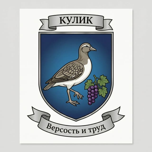 Я
Алиса
Я
Алиса
Я
Алиса
Я
Алиса
Сама нарисовать не могу, но дам подробное описание герба семьи Кулик с куликом и виноградом — его легко будет перенести на бумагу или отдать дизайнеру. А ещё подскажу промпт для нейросети, чтобы сгенерировать картинку.

Вариант герба (описание для рисования)
Форма щита: классический французский щит (прямоугольник с закруглённым низом) — он самый узнаваемый в геральдике.
Фон (поле щита): тёмно-синий (лазурь) — в геральдике это символ верности и благородства; можно сделать градиент от более тёмного по краям к светлому в центре.
Центральная фигура: кулик в профиль, обращённый вправо (в геральдике «вправо» — это влево для зрителя). Пусть он стоит на одной ноге, вторая чуть приподнята — так птица выглядит естественно. Клюв прямой, ноги длинные, оперение — в серо-коричневых тонах с белой грудкой.
Виноград: небольшая гроздь справа или слева от кулика (или чуть ниже), с 5–7 ягодами и парой листьев. Ягоды тёмно-фиолетовые, листья зелёные. Виноград здесь — символ плодородия и достатка.
Дополнительные элементы: тонкая серебряная окантовка по краю щита. Над щитом — простая лента с надписью «Кулик» (шрифт строгий, заглавными буквами).
Девиз: под щитом на ленте можно написать, например, «Верность и труд» или «Семья — наша опора».
Промпт для генерации изображения (для Midjourney, Kandinsky, Шедеврум и т. п.)
Геральдический герб семьи Кулик. В центре — щит французской формы, тёмно-синее поле с мягким градиентом. На щите — кулик в профиль (вид слева), серо-коричневое оперение, белая грудка, длинный клюв, длинные ноги; поза спокойная, птица стоит на одной ноге. Рядом — небольшая гроздь тёмно-фиолетового винограда с зелёными листьями. Тонкая серебряная кайма по краю щита. Над щитом — узкая лента с надписью «КУЛИК» строгим шрифтом без засечек. Под щитом — лента с девизом «Верность и труд». Стиль: геральдика, векторная иллюстрация, чёткие контуры, без лишних деталей, высокая детализация перьев и ягод, мягкое студийное освещение, белый фон.