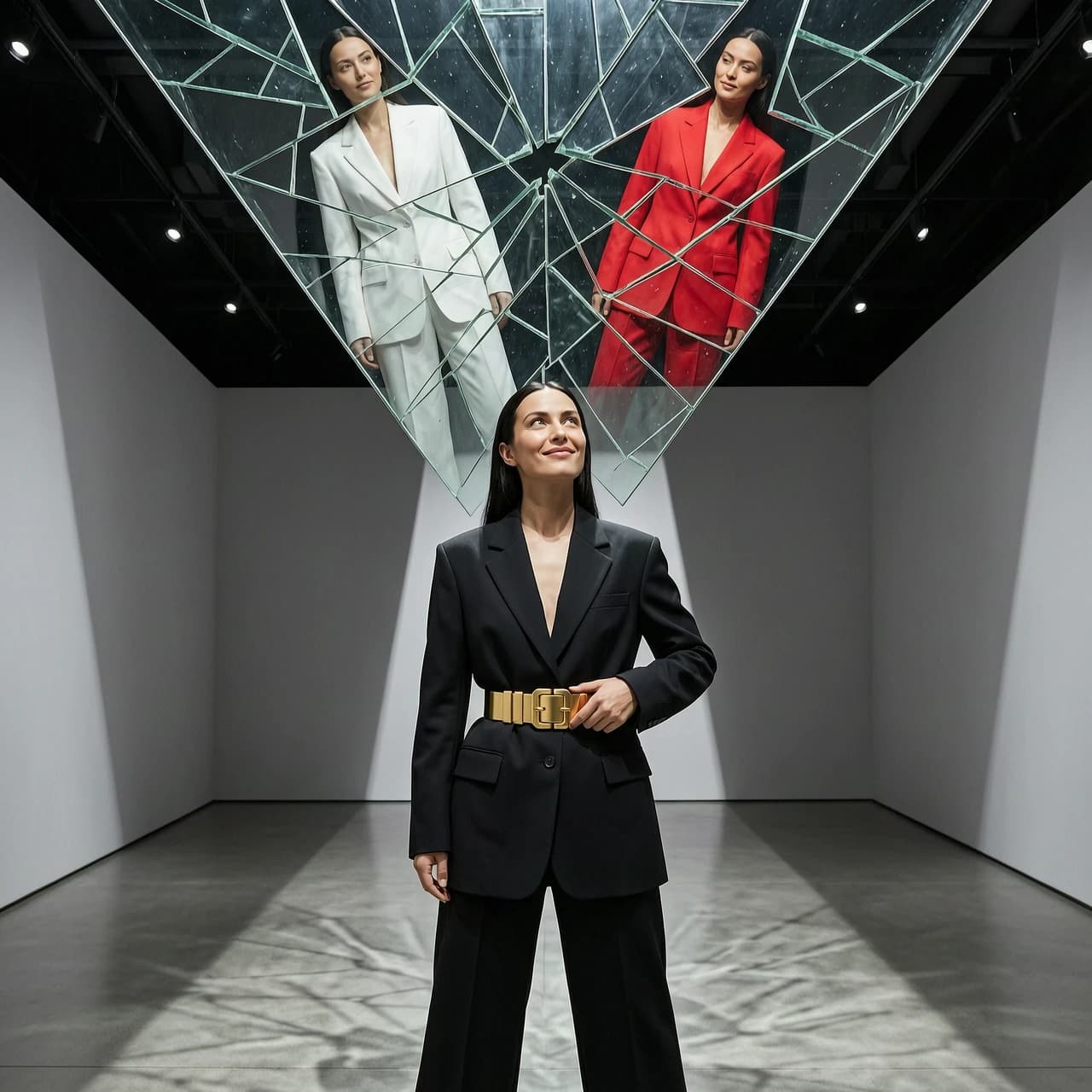 A breathtaking surreal maximalist collage: a powerful female AI model in a black oversized power suit stands beneath a massive sheet of shattered glass that is mid-fall, frozen in time. The glass reflects her own image — but in a pure white suit, as if her alternate self is watching from another dimension. She looks upward with a calm, knowing smile, one hand adjusting her gold chunky belt. The background is a stark, minimalist gallery space with dramatic shadows. The palette is deep black, crisp white, gold, and a single pop of electric red in the reflection. Hyper-detailed textures, poetic metaphor meets fashion editorial. 9:16 vertical. No text.