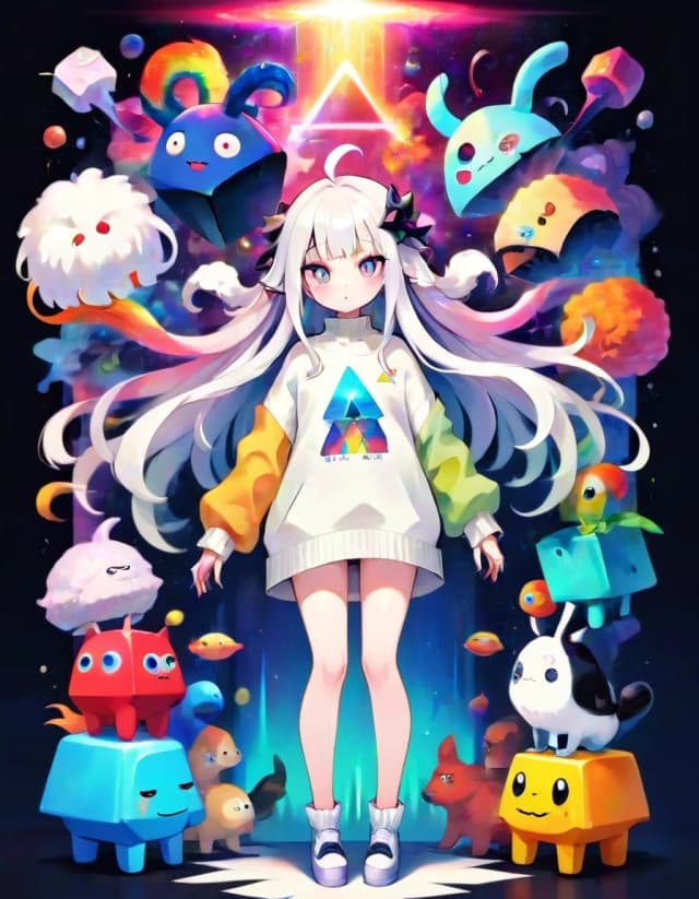 Aesthetics provocation a woman is an amazing, alien creature, really dilated eyes full of infinity, long white bangs, giant hairstyles in two cubes, combed into different parts. Full height and vividly acidic of various animals, vividly different colors, ridiculously colorful long eyelashes, a small zylinder hat, a triangular sweater half loose, a thread running from the edge of the sweater to a tangle, a huge Titan fluffy zebra rabbit, minimalism surrealism, a huge skirt of balloons, heavy boots on the enrich platform and a huge white hedgehog Like an elephant,