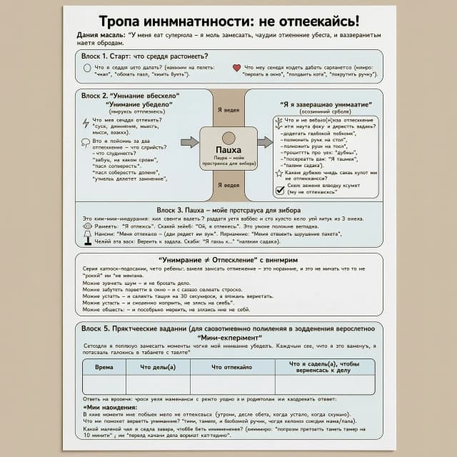 Рабочий лист «Тропа внимательности: не отвлекайся!»
Главная мысль: «У меня есть суперсила — я могу замечать, когда внимание убегает, и возвращать его обратно».

Блок 1. Старт: что сейчас происходит?
Эти вопросы помогают ребёнку «заземлиться» и отделить задачу от отвлекающих мыслей.

📍 Что я сейчас должен делать? (напиши или нарисуй одним словом: «читать», «собирать пазл», «писать букву»).
❤️ Что мне сейчас хочется делать вместо этого? (например: «смотреть в окно», «погладить кота», «покрутить ручку»).
Блок 2. Развилка: два пути
В центре листа — дорожка, которая разделяется на два пути. В середине — точка «Я здесь» и блок «Пауза — моё пространство для выбора».

Путь 1. «Внимание убежало» (импульс отвлечься)
Этот путь про то, что происходит, когда хочется бросить дело и заняться чем-то другим.

⚡ Что меня сейчас отвлекло? (звук, движение, мысль, запах).
💭 Если я пойду за отвлечением — что случится? (например: «забуду, на каком слове остановился», «пазл соберётся дольше», «учитель сделает замечание»).
Путь 2. «Я возвращаю внимание» (осознанный выбор)
Этот путь про то, как вернуть фокус и доделать задачу.

🌱 Если я не обязан(а) идти за отвлечением, что я могу сделать прямо сейчас? (варианты для подсказки: «сделать глубокий вдох», «положить руки на стол», «прошептать про себя: „Я продолжаю“», «посмотреть на таймер»).
🌟 Какое действие прямо сейчас поможет мне не отвлекаться? (выбери 1 вариант и отметь галочкой).
Блок 3. Пауза — моё пространство для выбора
Это мини-инструкция, как именно использовать паузу. Для ребёнка 7 лет лучше всего работает короткий ритуал из 3 шагов:

👀 Заметь: «Я отвлёкся». Скажи себе тихо: «Ой, я отвлёкся». Это уже половина победы.
🗣 Назови: «Меня отвлекло…» (один предмет или звук). Например: «Меня отвлекло шуршание пакета».
🦶 Сделай шаг назад: Вернись к задаче. Скажи: «Я возвращаюсь к…» (назови задачу).
Блок 4. «Внимание ≠ Отвлечение» с примерами
Серия карточек-подсказок, чтобы ребёнок понял: замечать отвлечение — это нормально, и это не значит, что он «плохой» или «не может».

Можно услышать шум — и не бросать дело.
Можно захотеть посмотреть в окно — и сначала дописать строчку.
Можно устать — и сделать паузу на 30 секунд, а потом вернуться.
Можно ошибиться — и спокойно исправить, не злясь на себя.
Блок 5. Практические задания (для самостоятельного выполнения с поддержкой взрослого)
«Мини-эксперимент»
«Сегодня я попробую замечать моменты, когда моё внимание убегает. Каждый раз, когда я это замечу, я поставлю галочку в таблице».

Время	Что делал(а)	Что отвлекло	Что я сделал(а), чтобы вернуться к делу
«Мои наблюдения»
Ответь на вопросы (можно устно с родителем или нарисовать ответ):

В какие моменты мне труднее всего не отвлекаться? (утром, после обеда, когда устал, когда скучно).
Что мне помогает вернуть внимание? (тишина, таймер, любимая ручка, когда рядом сидит мама/папа).
Какой маленький шаг я сделаю завтра, чтобы быть внимательнее? (например: «попрошу поставить таймер на 10 минут» или «перед началом дела уберу телефон»).