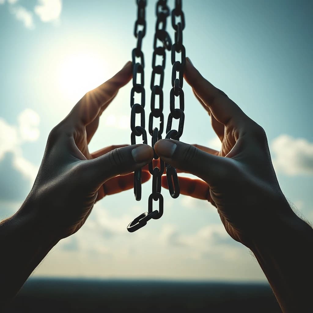 Broken chains falling from human hands, bright sky behind, dark ground below. Symbol of liberation, breaking free from fear and importance. Epic cinematic, high detail, contrasts, 4k, book cover style, --ar 2:3