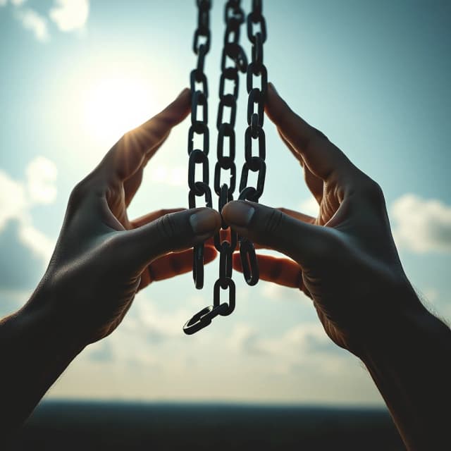 Broken chains falling from human hands, bright sky behind, dark ground below. Symbol of liberation, breaking free from fear and importance. Epic cinematic, high detail, contrasts, 4k, book cover style, --ar 2:3