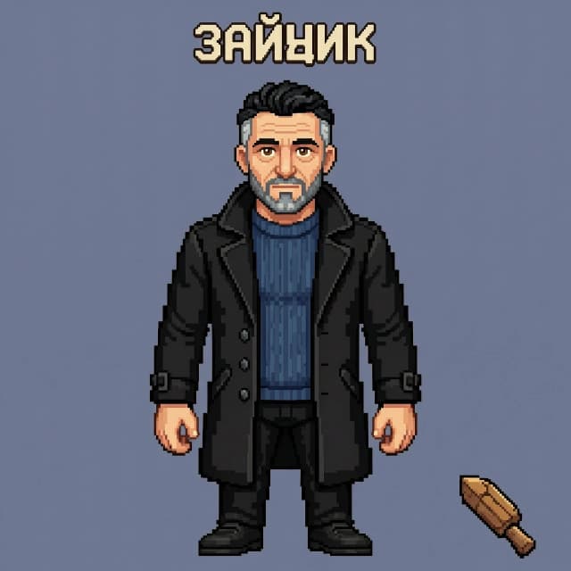 Создай изображение в стиле видеоигры "Зайчик". Мужчина, 45 лет, 195 см, крепкое и мускулистое телосложение, короткие волнистые чёрные волосы с сединой на висках, светлая кожа, карие миндалевидные глаза, овальное лицо, выраженный подбородок, прямой нос, средней полноты губы, короткая борода с проседью, морщины на лбу и вокруг глаз. На нём темно-синий свитер, чёрные брюки и чёрное пальто.