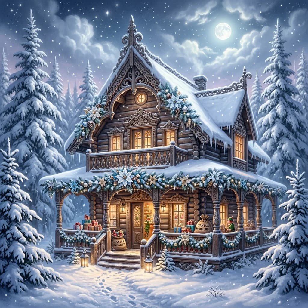 A carved house with a balcony and a veranda, comfortably located in a winter forest surrounded by fluffy fir trees under large spreading branches. Bright white poinsettias and fir cones serve as decorations for the Santa Claus gift and toy factory. Style:Winter fantasy art, fairy tale, subtle textures and shadows create a sense of depth. The inner light. High quality, 4k, sophisticated detail, architecture. .(Poinsettia and fir branches.) The flowers are white, turning into white-blue, dark green, white-golden. ((Colors of the winter composition): (white with a blue tint, icy white, pearl-silver). (Background color)) (pearl-white with a bluish tinge silver-white, silver-blue with a pearlescent tinge, silver-blue
