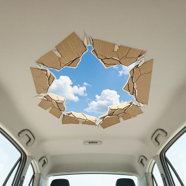 сгенерируй наклейку на потолок автомобиля. где видно разорваный потолок и видно с квозь дыру небо. наклейка должна быть размером 210 х297, для светлого потолка