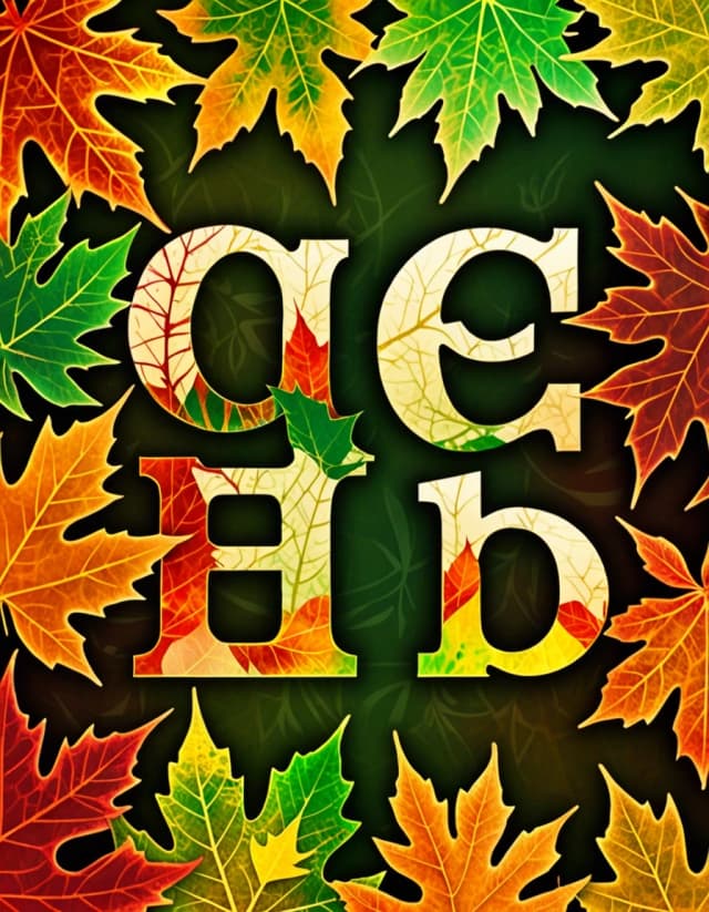 Digital image with double exposure and overlay of layers and textures. Vector graphics. The word "OCEHb" is made of gold, crimson and green skeletonized textured autumn leaves in various shades of yellow, orange, green and red. An unusual font made of autumn leaves. A very detailed and impressive font. Font and background contrast, fading, gradient. Background: a lot of dark with light ornaments. Delicate elements of the floral pattern. Gothic, decorative style, Art Nouveau. Abstract vector fractal pattern, Zentangle, Gothic, dark art. In the style of Alphonse Mucha, Gustav Klimt, Aubrey Beardsley and Roman Tirtov. High level of detail.
