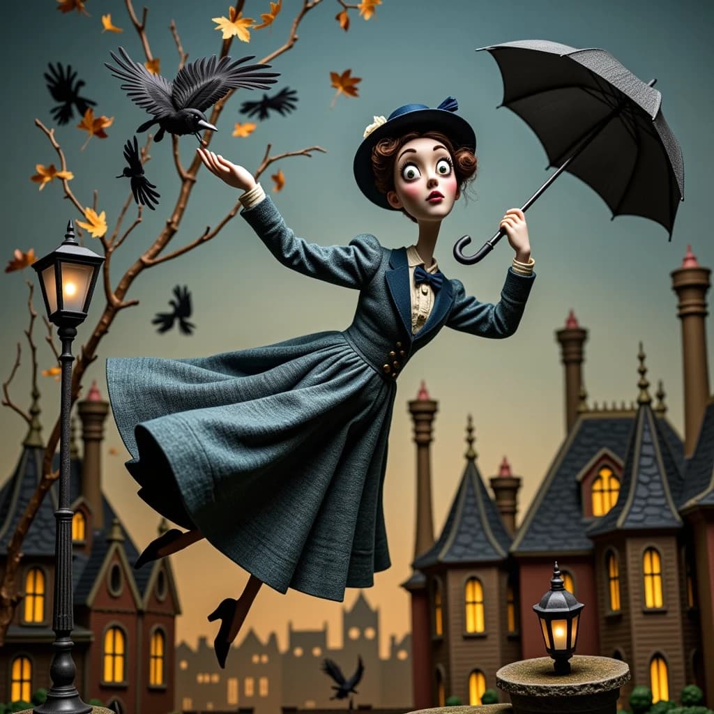Mary Poppins in the style of Tim Burton: like a frame from a stop‑motion animated film. She is flying, holding an umbrella, but the proportions are slightly grotesque — elongated, graceful arms, a large, expressive head, large eyes with a melancholic gaze. The outfit is Victorian, but with dark, muted shades: dusty blue, charcoal gray, cream; the fabric looks like it’s made of textured fabric for dolls, with visible stitches. Around her — a whirlwind of black crow feathers and dry autumn leaves. London is distorted below: houses with skewed roofs, elongated lanterns, crooked chimneys. The color palette is gloomy, with deep shadows and rare warm accents (amber light in the windows). The lighting is theatrical: harsh backlighting, long shadows, a diorama effect. The textures are like those in puppet animation: clay, fabric, wire. The mood is magical sadness and a slight strangeness, as if this is a scene from “The Nightmare Before Christmas.”