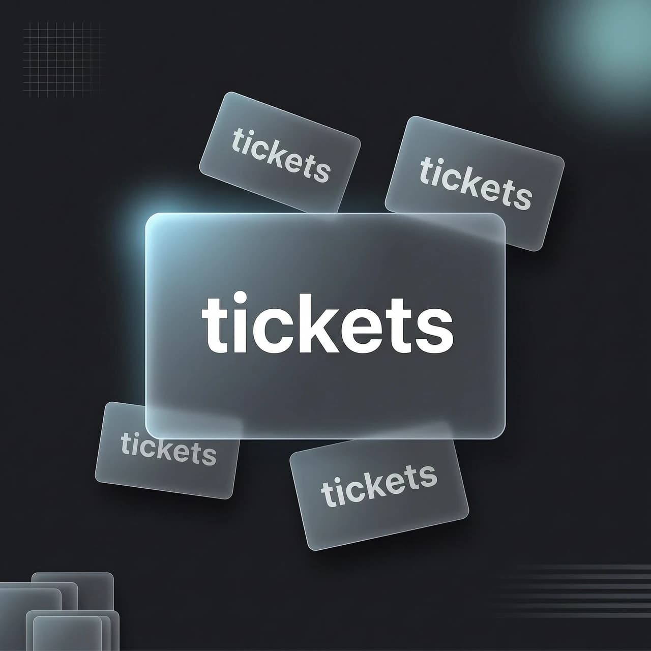 перемести слово tickets с летающей карточки в папку на центральную карточку, слова напиши менее прозрачным белым, а тень летающих карточек сделай с такой же подсветкой как у папки, чуть менее яркой