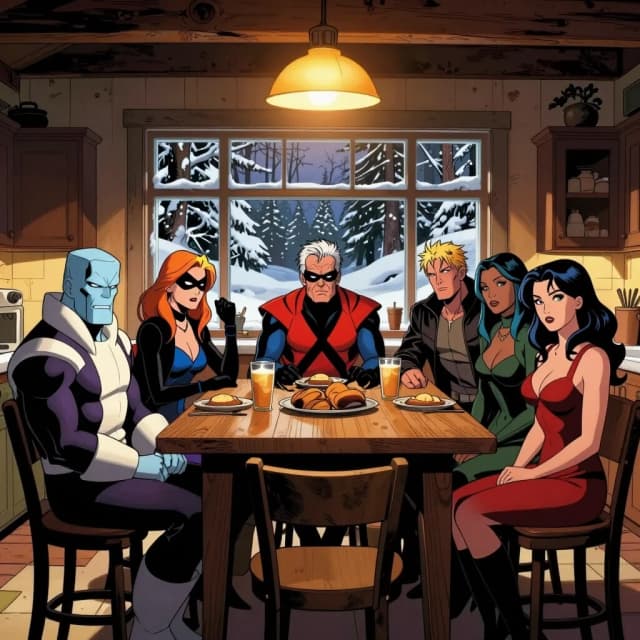 Old Man Logan and other aged X-Men (Old Man Aicberg, Old woman shadow cat, old storm, old rouge and other s) sitting inside a cozy farmhouse kitchen, warm lighting, heavy snow and winter forest visible through the large window behind them, comic book style, Marvel Comics aesthetic