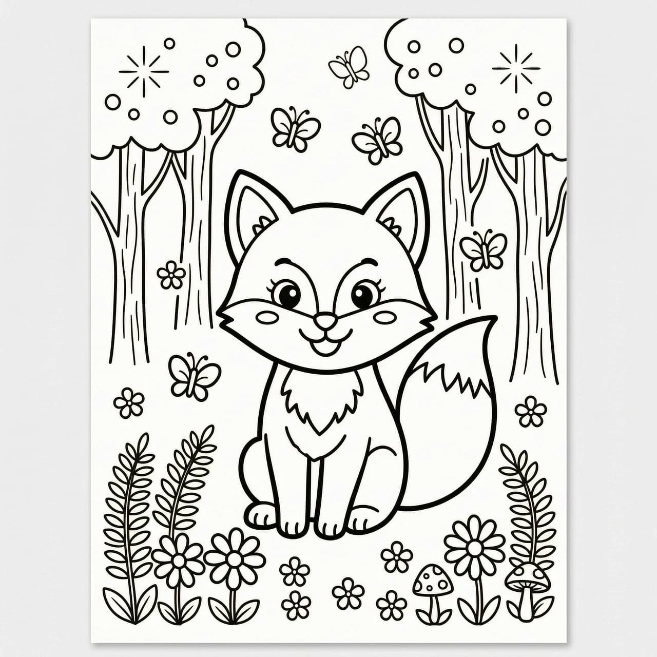 Cute fox sitting in an enchanted forest surrounded by flowers, ferns and butterflies, friendly, happy expression, large simple shapes suitable for young children, clear, recognizable objects, balanced composition with plenty of white space, clean black and white printable coloring page, smooth, bold, even outlines, equal line thickness, closed shapes, clearly separated objects, simple, clean outlines, white background, clean black outline, no gray, no shading, no gradients, no color, no text, no watermark, A4 portrait composition, centered object, whole body visible, high quality printable outline