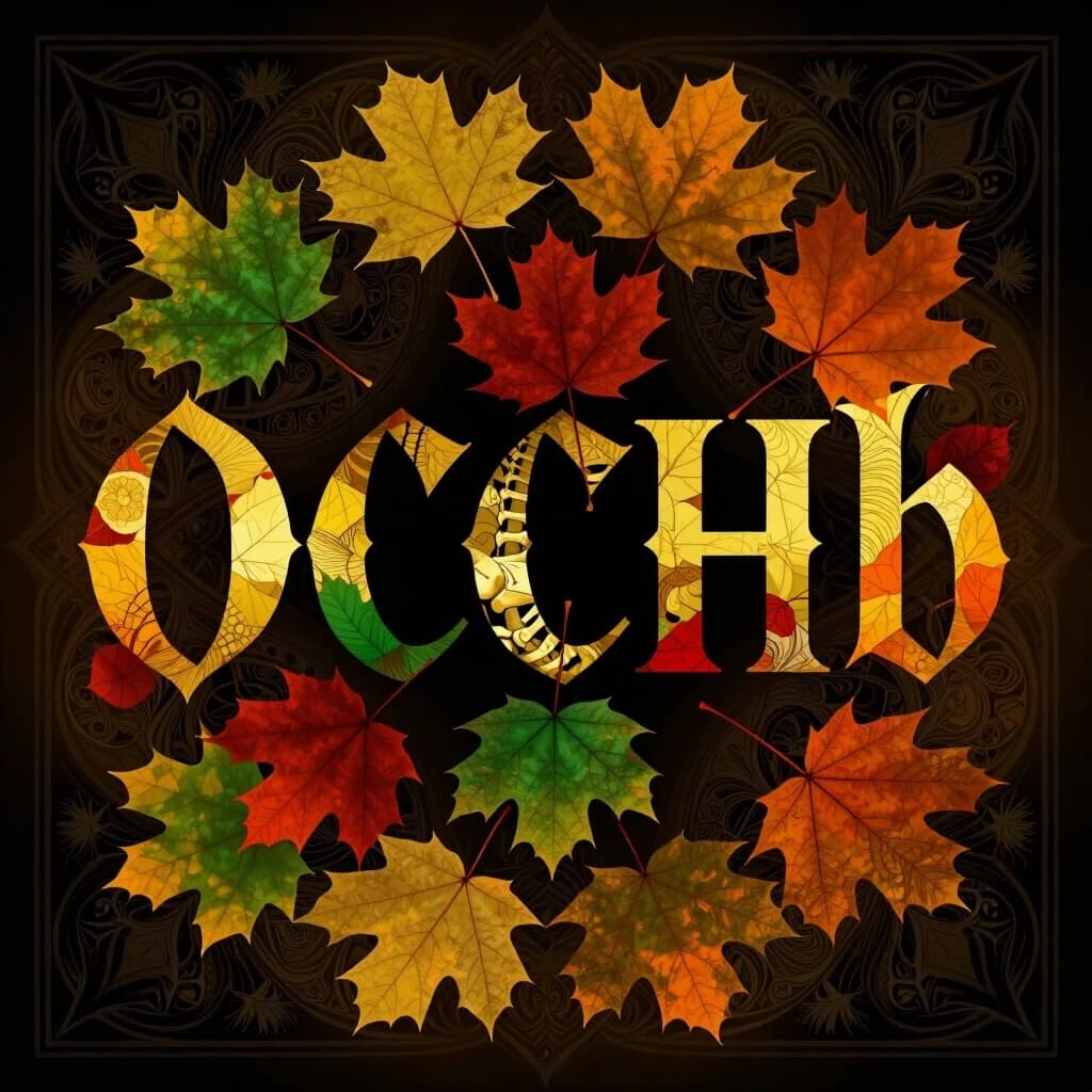 Digital image with double exposure and overlay of layers and textures. Vector graphics. The word "OCEHb" is made of gold, crimson and green skeletonized textured autumn leaves in various shades of yellow, orange, green and red. An unusual font made of autumn leaves. A very detailed and impressive font. Font and background contrast, fading, gradient. Background: a lot of dark with light ornaments. Delicate elements of the floral pattern. Gothic, decorative style, Art Nouveau. Abstract vector fractal pattern, Zentangle, Gothic, dark art. In the style of Alphonse Mucha, Gustav Klimt, Aubrey Beardsley and Roman Tirtov. High level of detail.