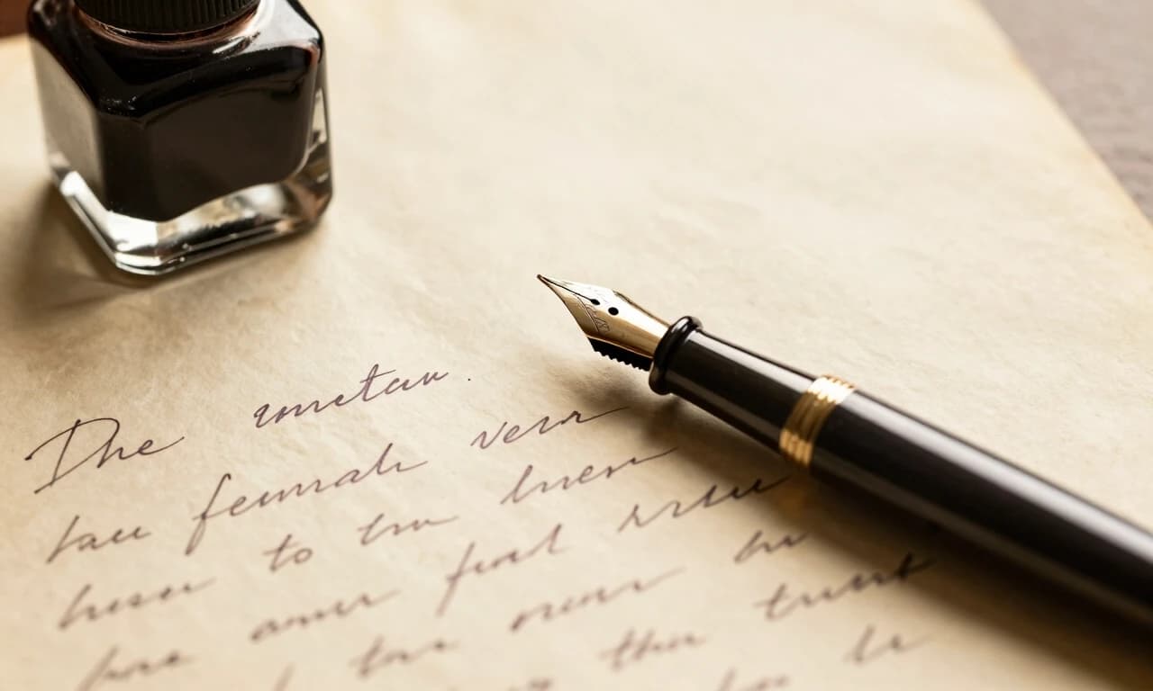 Close-up of handwritten vintage letter, fountain pen, ink bottle, aged paper texture, warm sepia lighting
