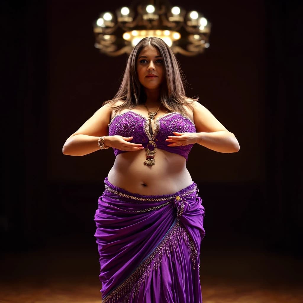 front view chubby belly dancer forty years woman in purple costume brown straight hair stand in hall