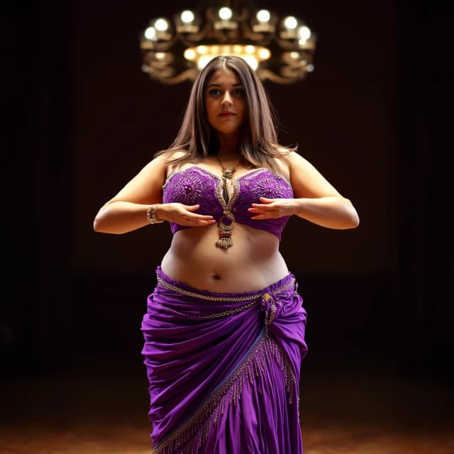 front view chubby belly dancer forty years woman in purple costume brown straight hair stand in hall