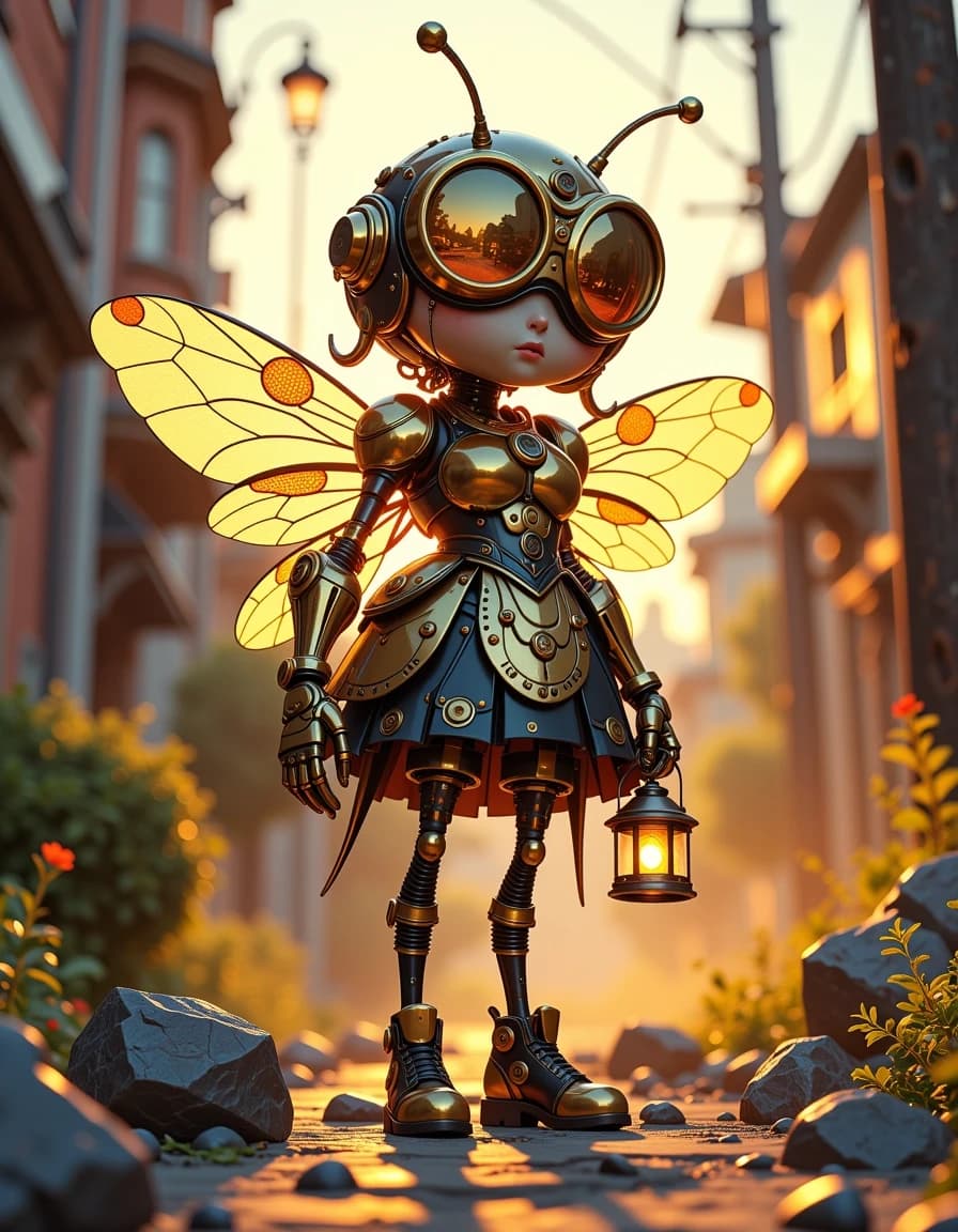 masterpiece, best quality, ultra-detailed, highly artistic, 3D Pixar animation style, Pixar 3D CGI render, pixar style, smooth shading, vibrant saturated colors, expressive character design, intricate details, cinematic dramatic lighting, vivid golden hour outdoor scenery, unique whimsical pose,

cute steampunk bee-robot girl exactly as in the reference photo but in perfect 3D Pixar animation style, big round head with enormous golden goggles reflecting landscape, long antennae, small striped bee ball on top, large intricate metallic bee wings with golden patterns, mechanical body in black and gold dress with honeycomb and polka dot details, holding small mechanical bee lantern, spring legs and bee-decorated boots, 

warm golden hour sunlight, dusty path background, 

dramatic low angle three-quarter full-body portrait, perfect dynamic framing, 

highly detailed 3D metallic textures and fabric folds, realistic gears and reflections in goggles, individual hair-like antennae, volumetric golden light, expressive Pixar character lighting, sharp focus on face and body, 

8k resolution, hyper detailed, masterpiece, best quality, intricate details