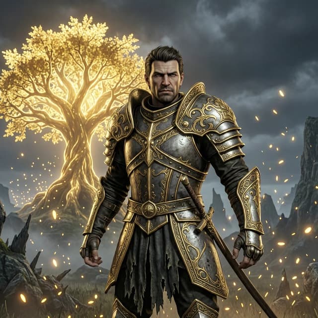 Medium shot of a warrior with the facial features of the man in the photo, athletic build, wearing ornate heavy knight armor with gold filigree and tattered dark fabric, standing in a heroic pose. In the background, a colossal glowing golden Erdtree illuminates the dark, misty landscape of the Lands Between. Shimmering golden embers and dust particles floating in the air. High fantasy, dark atmosphere, photorealistic, Unreal Engine 5 render, cinematic lighting, 8k resolution, Elden Ring style.