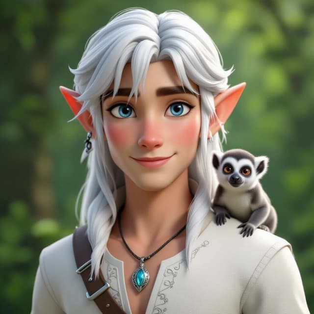 Disney-style 3D render: a portrait of a young elf prince (close-up, focusing on the head and shoulders). He has white hair with bangs falling over his eyes, a refined, elongated face, and a graceful, long neck. He has blue eyes. A silver amulet adorns his muscular torso, and he wears a white silk shirt. A small lemur sits on his right shoulder. The background is a green forest. Bright lighting.