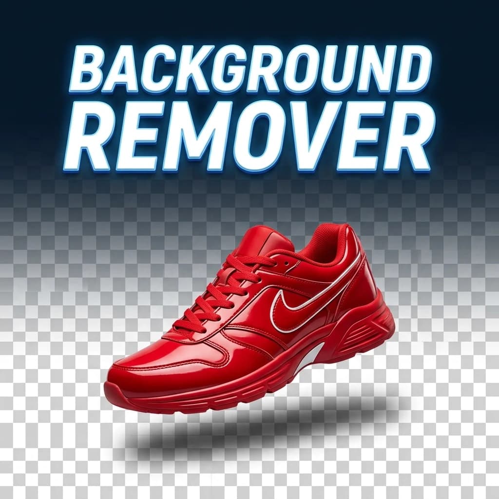 Premium square cover poster, flat 2D graphic design, background covers 100 percent edge to edge, no frame, no border. Bold glowing modern 3D typography text "BACKGROUND REMOVER" appears exactly once, centered near the top, crisp and perfectly legible. Below it a striking glossy red sneaker cleanly cut out and floating, razor-sharp cutout edges with a soft drop shadow, placed on a subtle grey and white transparency checkerboard pattern. High detail, clean flagship poster quality, no extra labels.
