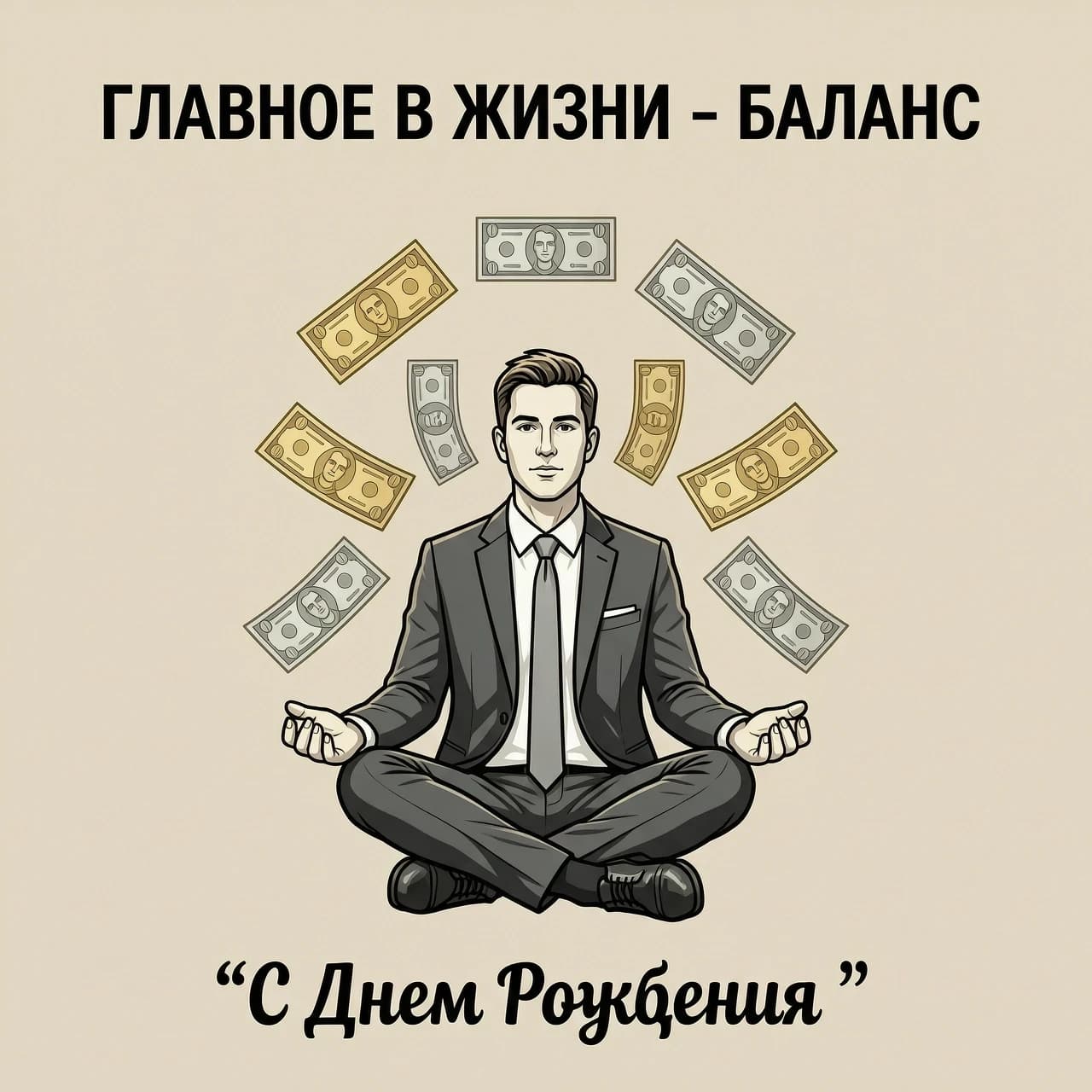 На изображении представлен белый мужчина в офисном костюме, сидящий в классической позе лотоса. Вокруг медитирующего мужчины в воздухе парят денежные купюры различных номиналов. Купюры словно спускаются сверху, создавая ощущение потока благополучия и успеха.

Цветовая гамма:
Фон может быть выполнен в спокойных, нейтральных тонах — светло-бежевых или пастельных оттенках, чтобы не отвлекать внимание от главного элемента композиции. Сами купюры могут быть изображены в золотистых или серебристых тонах, подчёркивая их ценность и значимость.

Надпись:
Над изображением красивым шрифтом надпись: «ГЛАВНОЕ В ЖИЗНИ - БАЛАНС». 
Под изображением надпись : «С Днем Рождения «

Изображение в стиле ГТА