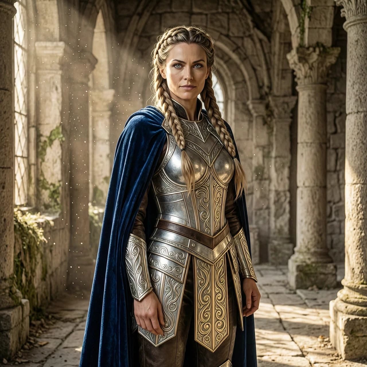 A portrait of a stunning fantasy warrior woman, wearing intricate silver and gold filigree armor, a flowing velvet cloak. She has long braided hair, piercing eyes, and a confident expression. Standing in a ruined ancient stone hall with sunlight streaming through dust particles. Cinematic lighting, hyper-realistic, masterpiece, detailed armor texture, concept art, style of Greg Rutkowski and ArtStation.