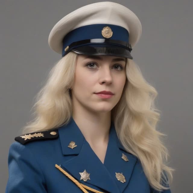 Женщина 30 лет, блондинка. Одета в голубую военную форму, но без медалей, погон и знаков отличия
