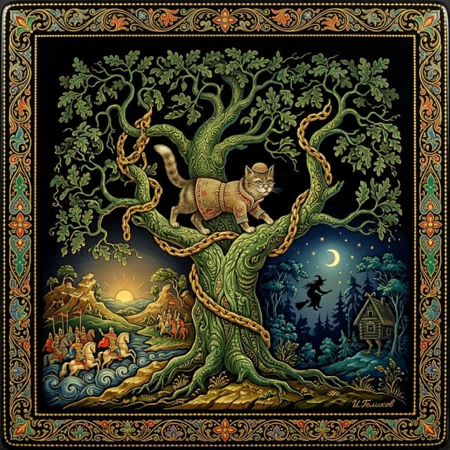 A masterpiece. Oil painting. ((Palekh miniature.Typical subjects of the Palekh miniature are borrowed from everyday life, literary works of classics, fairy tales, epics and songs. A number of compositions are based on the traditions of classical art. The works are usually done in tempera paints on a black background and painted in gold. Lukomorye has a green oak tree, a golden chain on the club, and day and night the scientist cat keeps walking around the chain)). Close-up. High resolution. High quality. Increased attention to small details. Hyperrealistic surrealistic style, fantasy. Increased attention to the smallest details and texture. The author is Ivan Golikov.