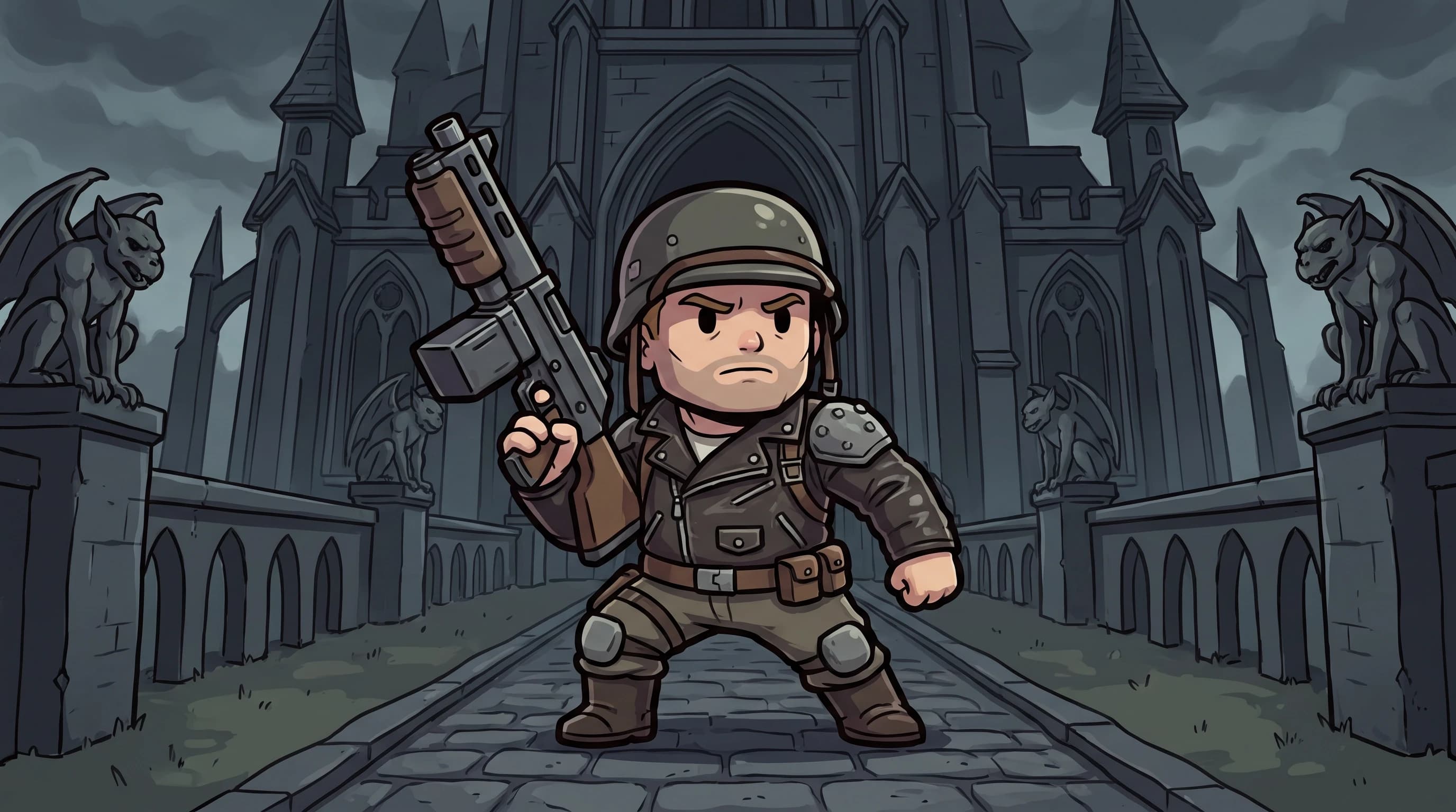 Wolfenstein (Игра), Би Джей Бласковиц в боевой стойке, на фоне готического замка, стиль чиби