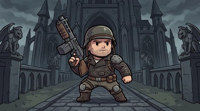 Wolfenstein (Игра), Би Джей Бласковиц в боевой стойке, на фоне готического замка, стиль чиби