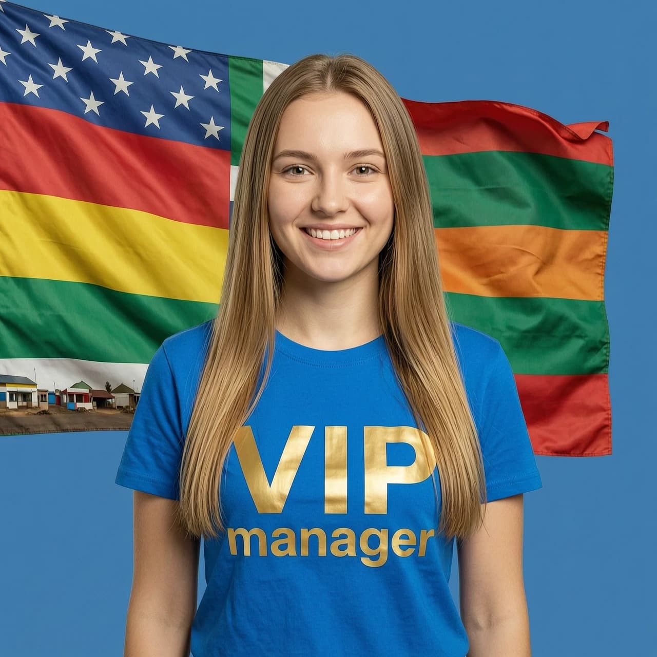 Realistic portrait of a beautiful smiling European  woman with long  light brown straight hair. She is wearing a bright blue t-shirt with a large white phrase "VIP manager" logo on it. The letters should be large and gold in color. In the background, there is a large, slightly waving flag of different countries in Africa. Bright studio lighting, high resolution, photorealistic style, solid blue background behind the flag. She must be beautiful. She must be young, about 23 years old.