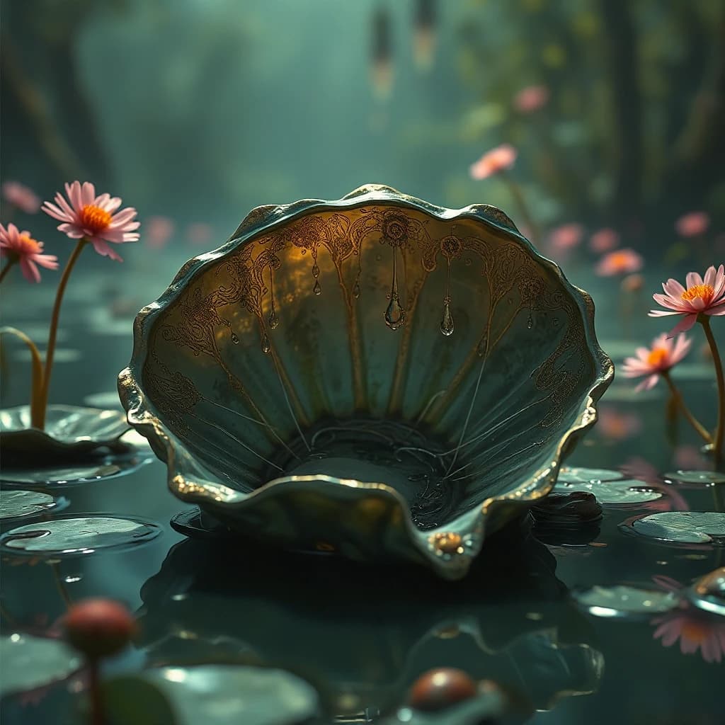designed by Emil Melmoth, Marc simonetti and Makoto Shinkai, Game art, Asymmetrical (Oyster:1.2) , pond, Magic Realism, Fantasy, cinematic lighting, atmospheric perspective, One Color, arthouse, highly intricate, elaborate, dynamic cinematic color, contemporary, intricate artistic color, shiny