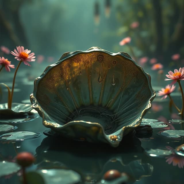 designed by Emil Melmoth, Marc simonetti and Makoto Shinkai, Game art, Asymmetrical (Oyster:1.2) , pond, Magic Realism, Fantasy, cinematic lighting, atmospheric perspective, One Color, arthouse, highly intricate, elaborate, dynamic cinematic color, contemporary, intricate artistic color, shiny